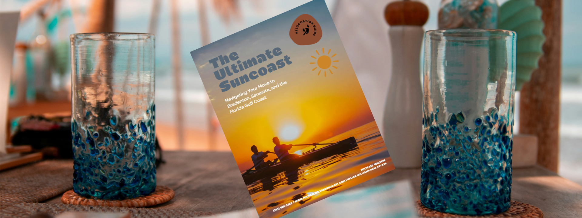 Sunset over water with magazine